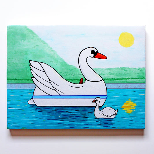 Swan Boat With Swan on Lake, Spring Version, Painting on Canvas