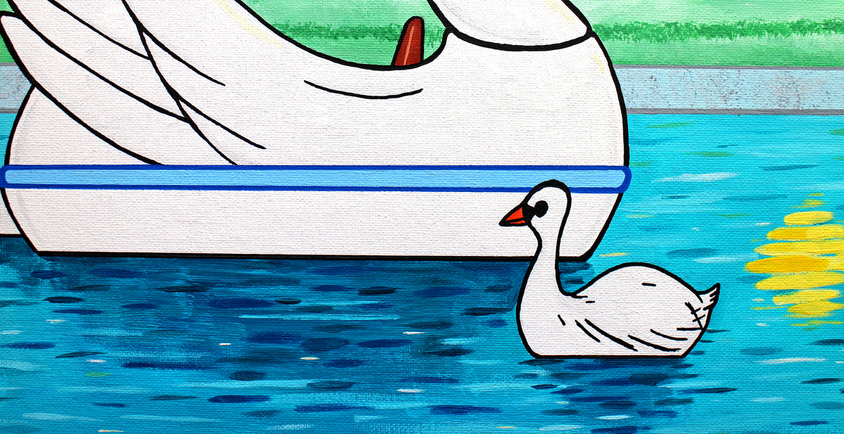 Swan Boat With Swan on Lake, Spring Version, Painting on Canvas