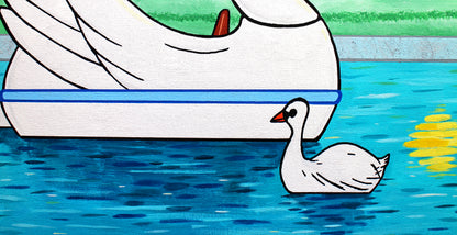 Swan Boat With Swan on Lake, Spring Version, Painting on Canvas