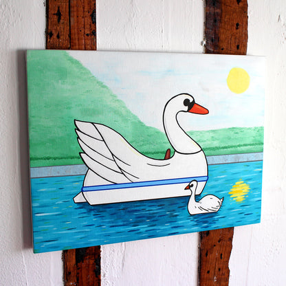 Swan Boat With Swan on Lake, Spring Version, Painting on Canvas
