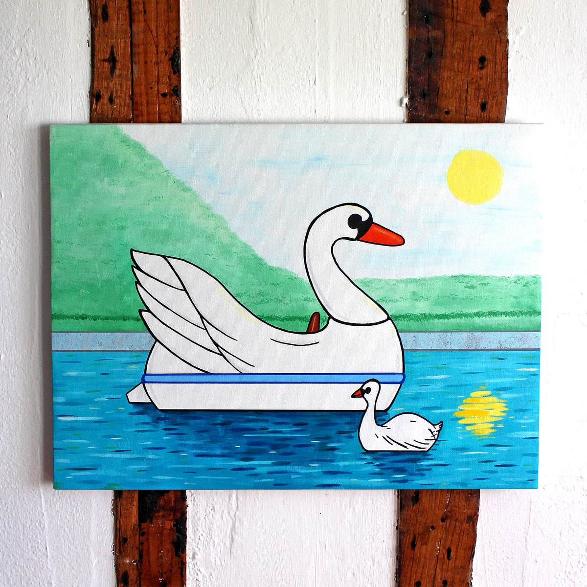Swan Boat With Swan on Lake, Spring Version, Painting on Canvas