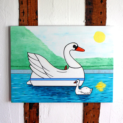 Swan Boat With Swan on Lake, Spring Version, Painting on Canvas