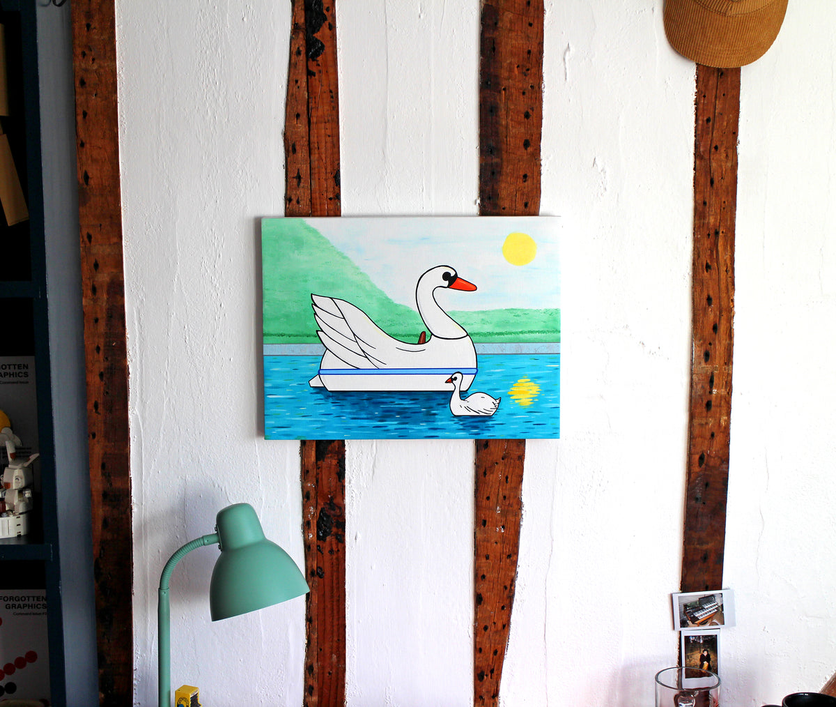 Swan Boat With Swan on Lake, Spring Version, Painting on Canvas