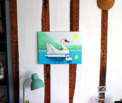 Swan Boat With Swan on Lake, Spring Version, Painting on Canvas