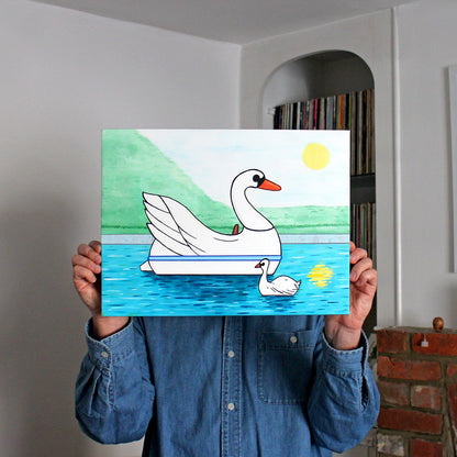 Swan Boat With Swan on Lake, Spring Version, Painting on Canvas
